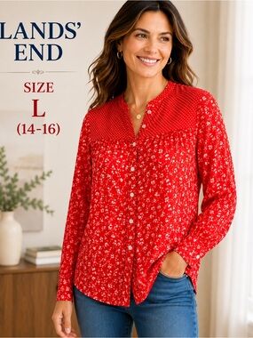 Lands’ End Red Floral Rayon Button Front Blouse L 14/16